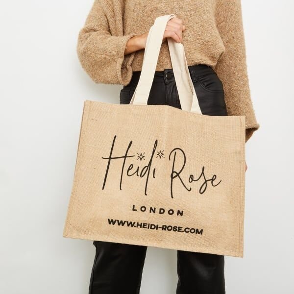 Jute shopping bag printed with a brand logo