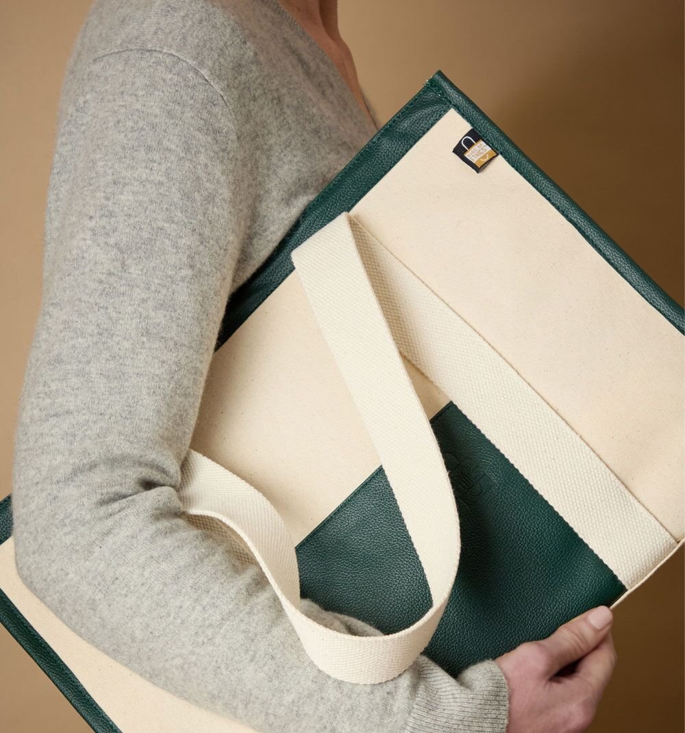 Large custom canvas tote with green panel and leather-look handles